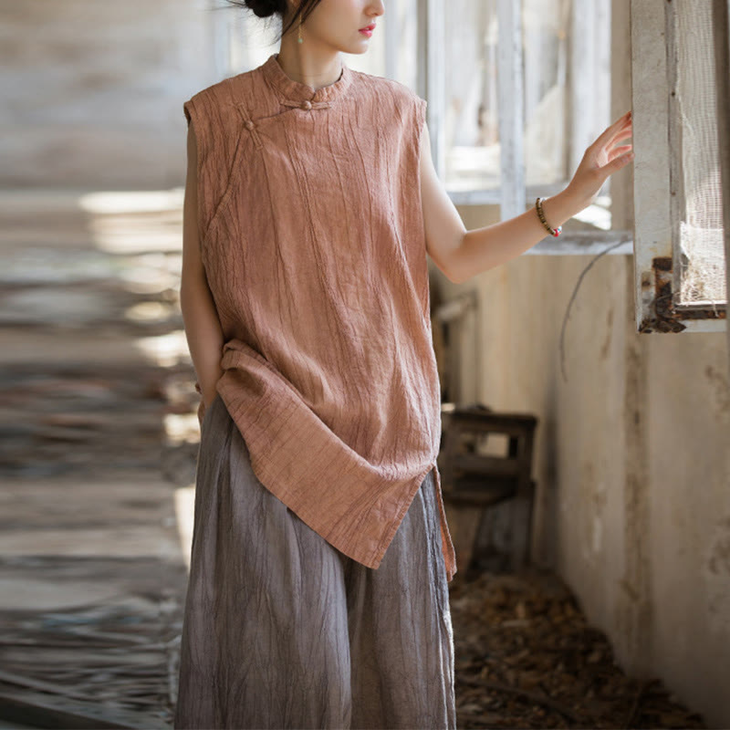 Buddha Stones Handmade Tie Dye Ramie Linen Frog-Button Sleeveless Vest - Orange(Bust 112cm/Shoulder 42cm/Length 84cm)(Top Only) - image 8