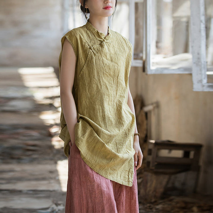 Buddha Stones Handmade Tie Dye Ramie Linen Frog-Button Sleeveless Vest - Yellow(Bust 112cm/Shoulder 42cm/Length 84cm)(Top Only) - image 14