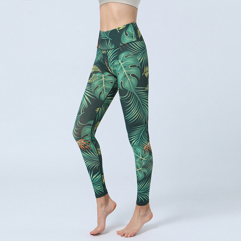 Buddha Stones Leaves Pattern Sports Fitness Yoga High Waist Leggings Women's Yoga Pants - Green Leaves - US8-10，UK/AU12-14，EU40-42 (XL) - image 1