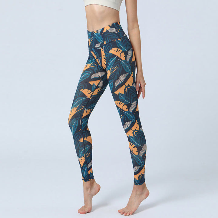 Buddha Stones Leaves Pattern Sports Fitness Yoga High Waist Leggings Women's Yoga Pants - Orange Blue Leaves - US8-10，UK/AU12-14，EU40-42 (XL) - image 13