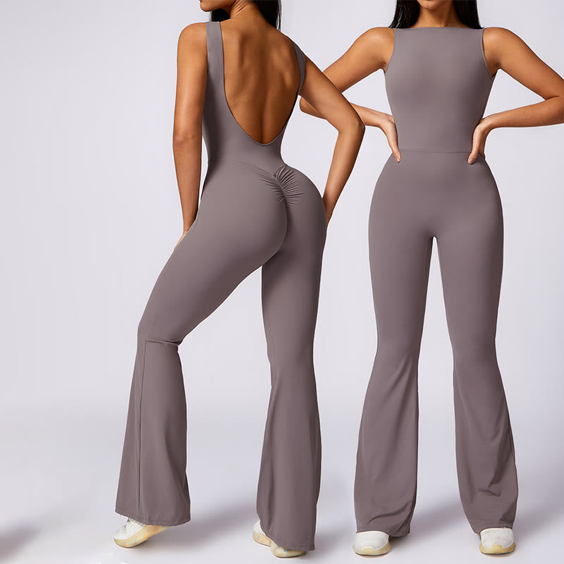 Buddha Stones Women Casual Sleeveless Jumpsuit Flare Pants Sports Fitness Yoga Bodysuit - Purple Gray - US8-10，UK/AU12-14，EU40-42 (XL) - image 0