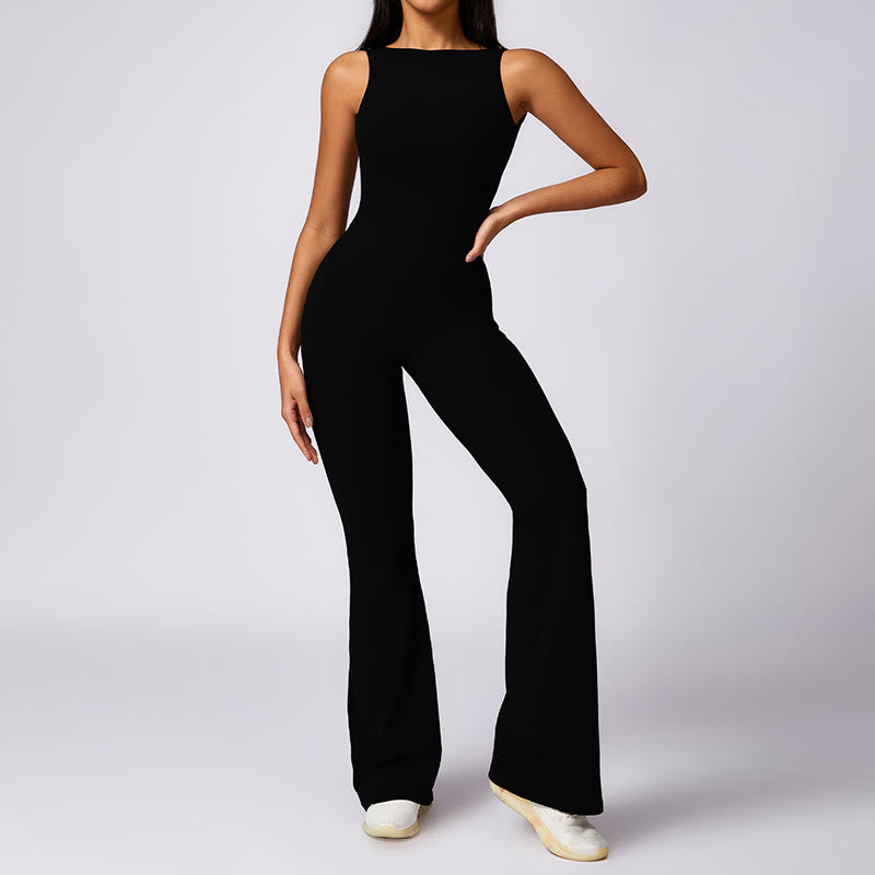 Buddha Stones Women Casual Sleeveless Jumpsuit Flare Pants Sports Fitness Yoga Bodysuit - Black - US8-10，UK/AU12-14，EU40-42 (XL) - image 8