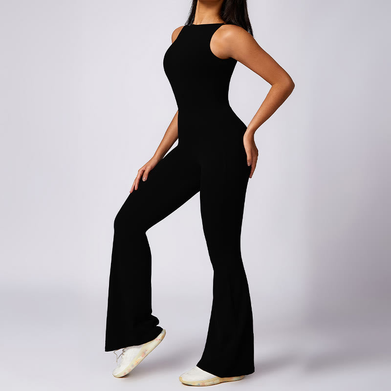 Buddha Stones Women Casual Sleeveless Jumpsuit Flare Pants Sports Fitness Yoga Bodysuit - image 9