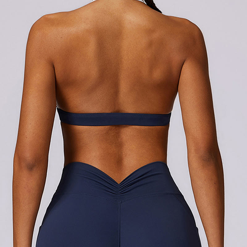 Buddha Stones Solid Color Halter Neck Bra Long Sleeve Crop Tank Top Pants Sports Fitness Gym Yoga Outfits - image 3