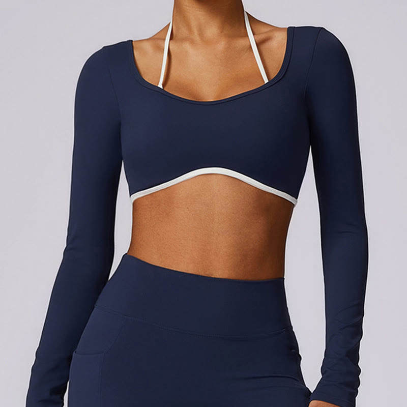 Buddha Stones Solid Color Halter Neck Bra Long Sleeve Crop Tank Top Pants Sports Fitness Gym Yoga Outfits - image 11