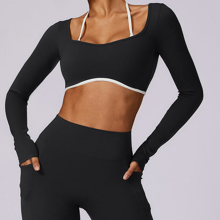 Buddha Stones Solid Color Halter Neck Bra Long Sleeve Crop Tank Top Pants Sports Fitness Gym Yoga Outfits - image 28