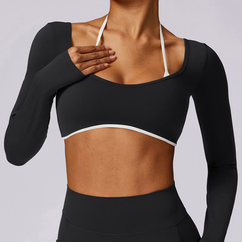 Buddha Stones Solid Color Halter Neck Bra Long Sleeve Crop Tank Top Pants Sports Fitness Gym Yoga Outfits - image 29