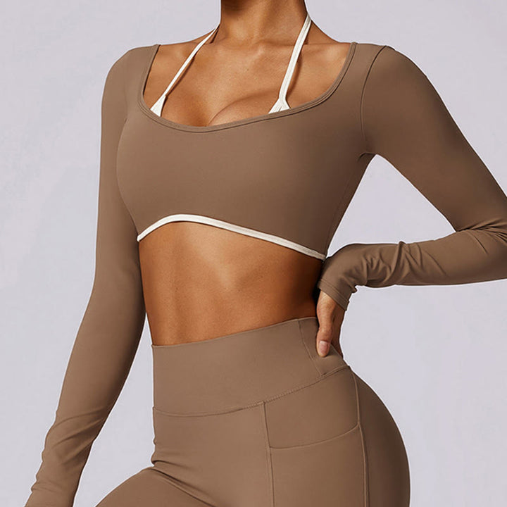 Buddha Stones Solid Color Halter Neck Bra Long Sleeve Crop Tank Top Pants Sports Fitness Gym Yoga Outfits - image 43