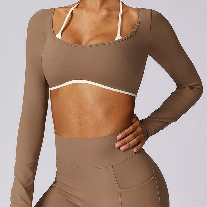 Buddha Stones Solid Color Halter Neck Bra Long Sleeve Crop Tank Top Pants Sports Fitness Gym Yoga Outfits