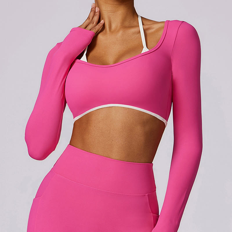 Buddha Stones Solid Color Halter Neck Bra Long Sleeve Crop Tank Top Pants Sports Fitness Gym Yoga Outfits - image 63