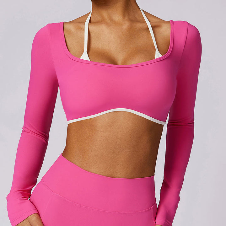 Buddha Stones Solid Color Halter Neck Bra Long Sleeve Crop Tank Top Pants Sports Fitness Gym Yoga Outfits - Rose Red - Long Sleeve Crop Top(Top Only) - US6，UK/AU10，EU38 (XL) - image 59