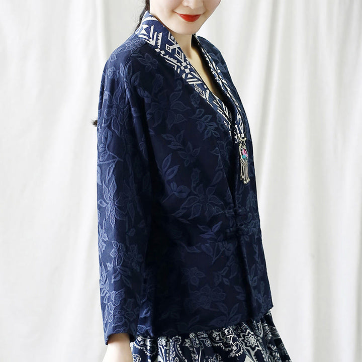 Buddha Stones Flower Jacquard V-Neck Long Sleeve Jacket - image 2