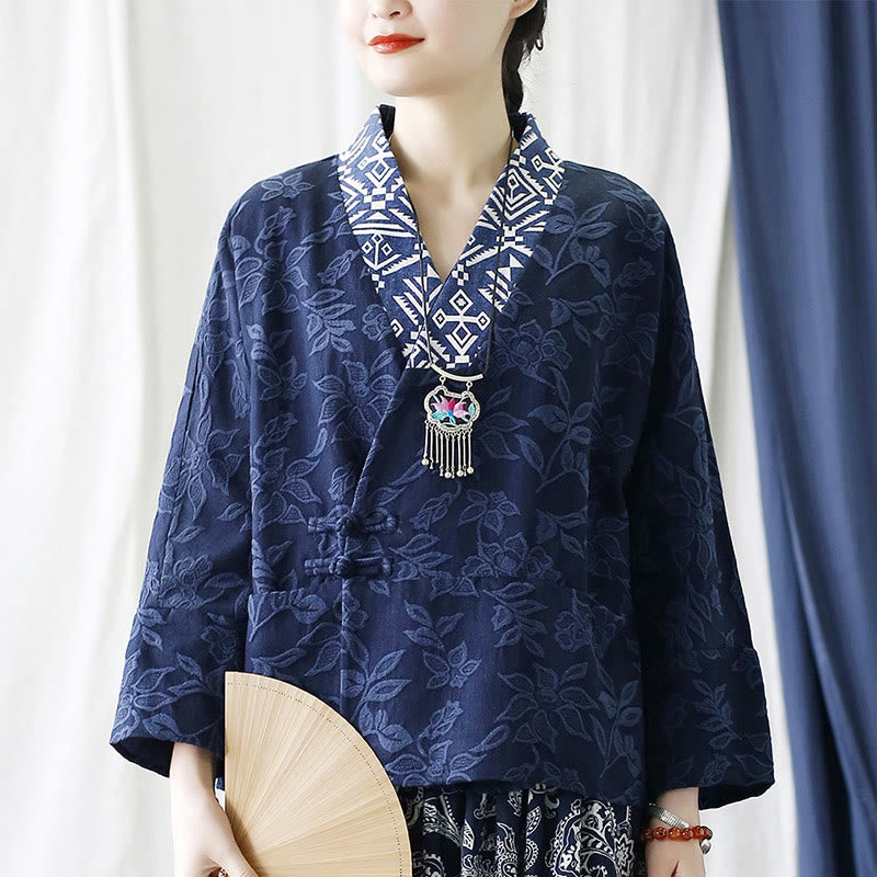 Buddha Stones Flower Jacquard V-Neck Long Sleeve Jacket - image 26