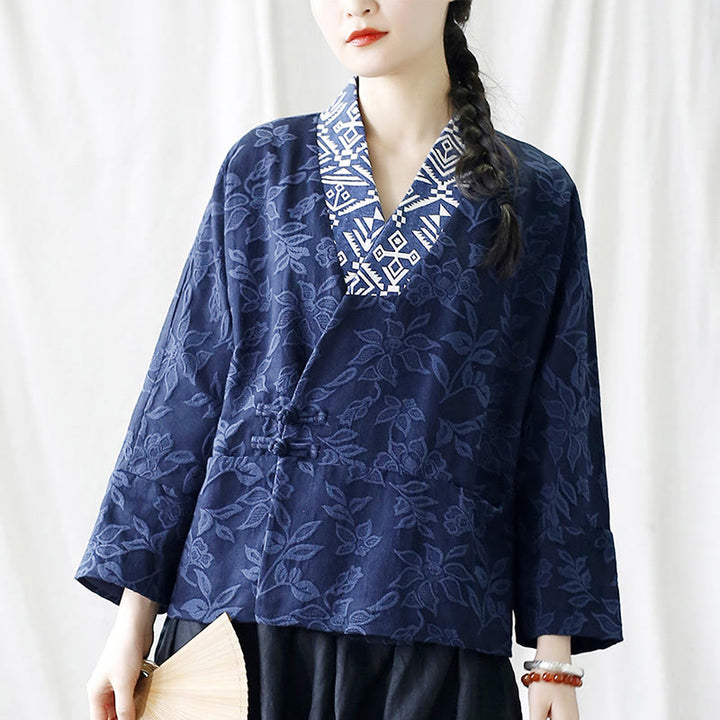 Buddha Stones Flower Jacquard V-Neck Long Sleeve Jacket - image 34