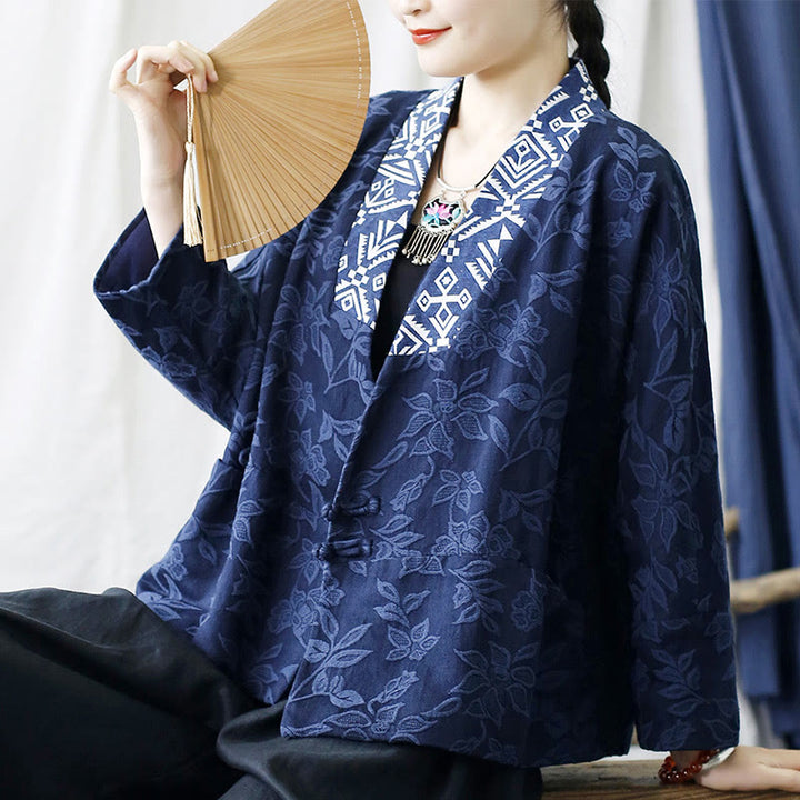 Buddha Stones Flower Jacquard V-Neck Long Sleeve Jacket - image 35