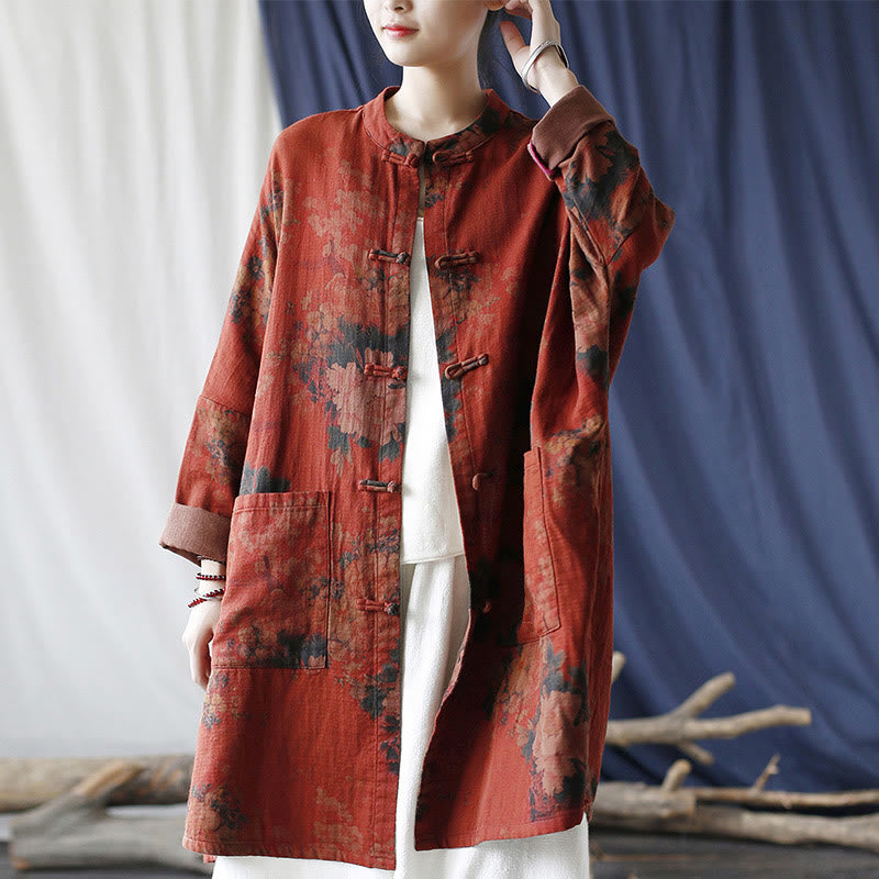 Buddha Stones Orange Peony Flower Frog-Button Open Front Jacket With Pockets - image 5
