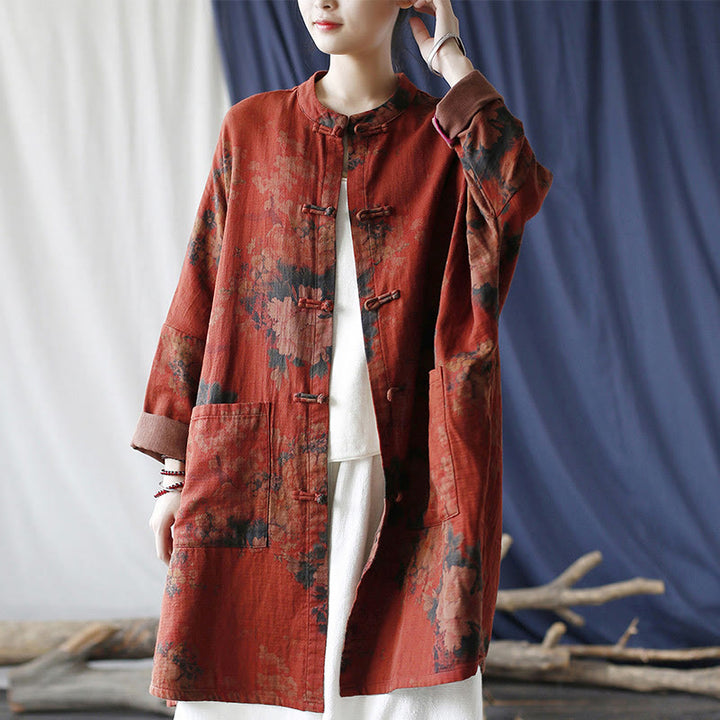 Buddha Stones Orange Peony Flower Cotton Linen Frog-Button Open Front Jacket With Pockets