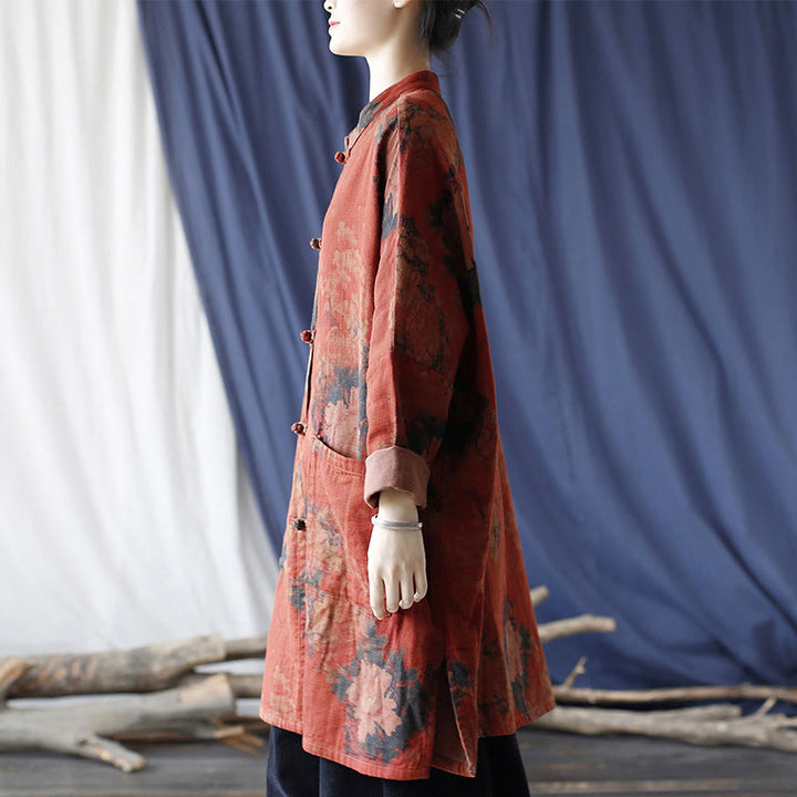 Buddha Stones Orange Peony Flower Frog-Button Open Front Jacket With Pockets - image 4