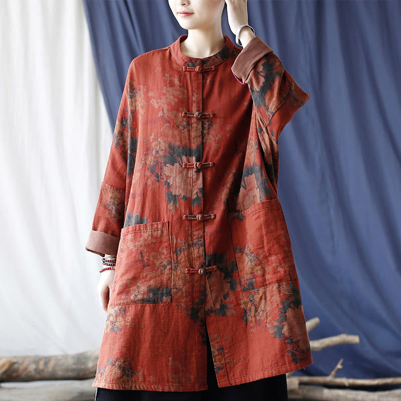 Buddha Stones Orange Peony Flower Cotton Linen Frog-Button Open Front Jacket With Pockets