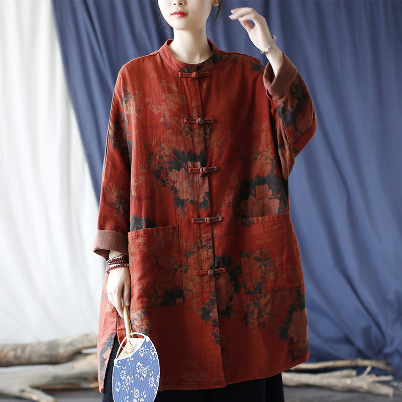 Buddha Stones Orange Peony Flower Cotton Linen Frog-Button Open Front Jacket With Pockets - image 23