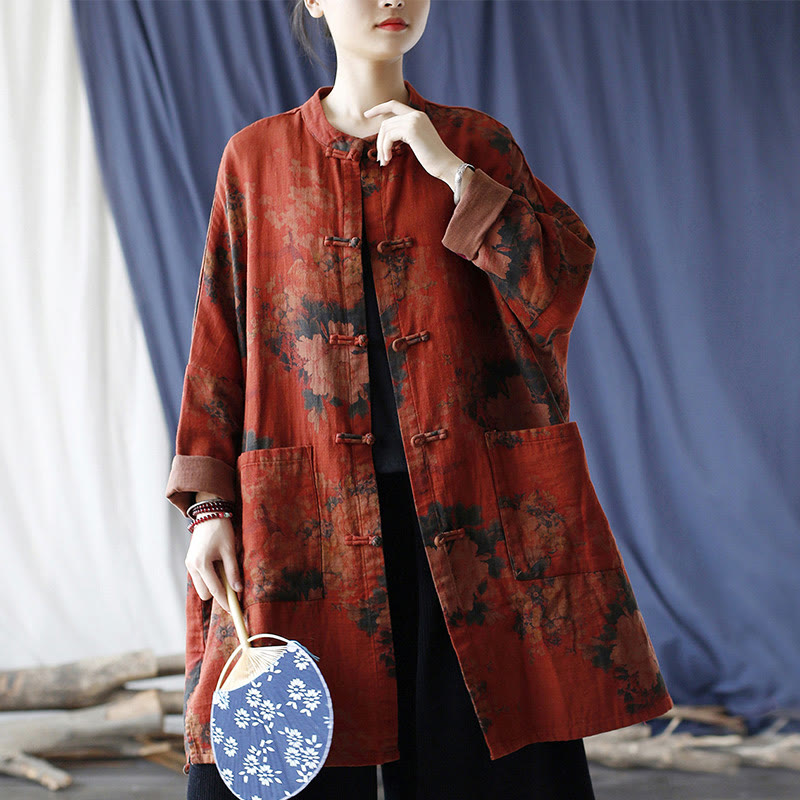 Buddha Stones Orange Peony Flower Cotton Linen Frog-Button Open Front Jacket With Pockets