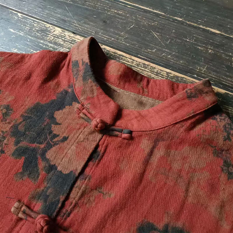 Buddha Stones Orange Peony Flower Cotton Linen Frog-Button Open Front Jacket With Pockets - image 8