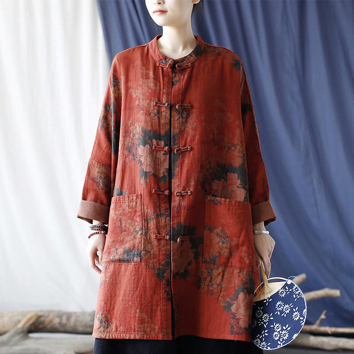 Buddha Stones Orange Peony Flower Cotton Linen Frog-Button Open Front Jacket With Pockets