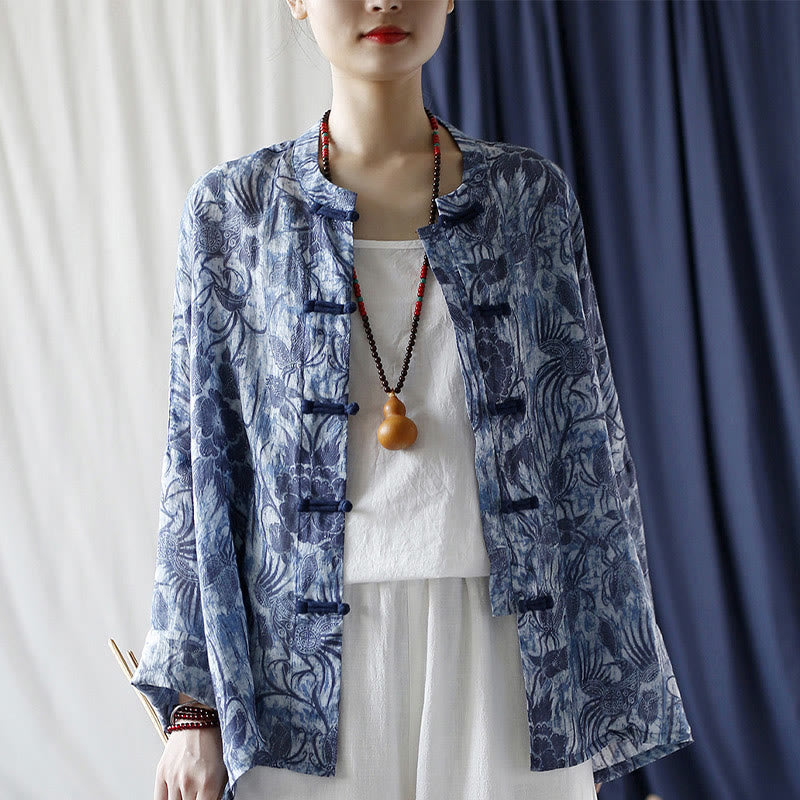 Buddha Stones Retro Blue White Flowers Frog-Button Design Long Sleeve Ramie Linen Jacket Shirt - image 16