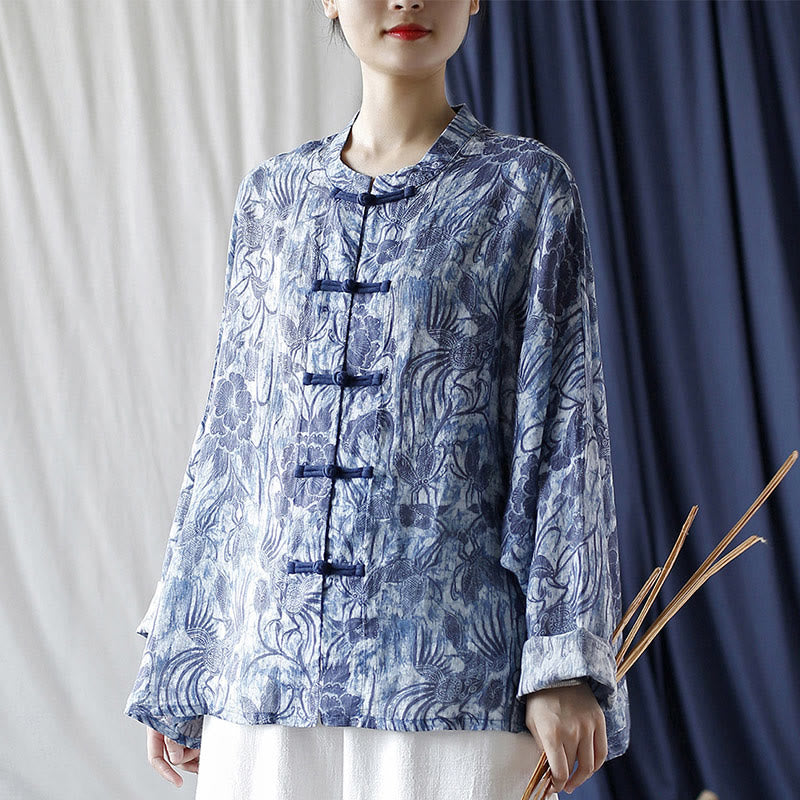 Buddha Stones Retro Blue White Flowers Frog-Button Design Long Sleeve Ramie Linen Jacket Shirt