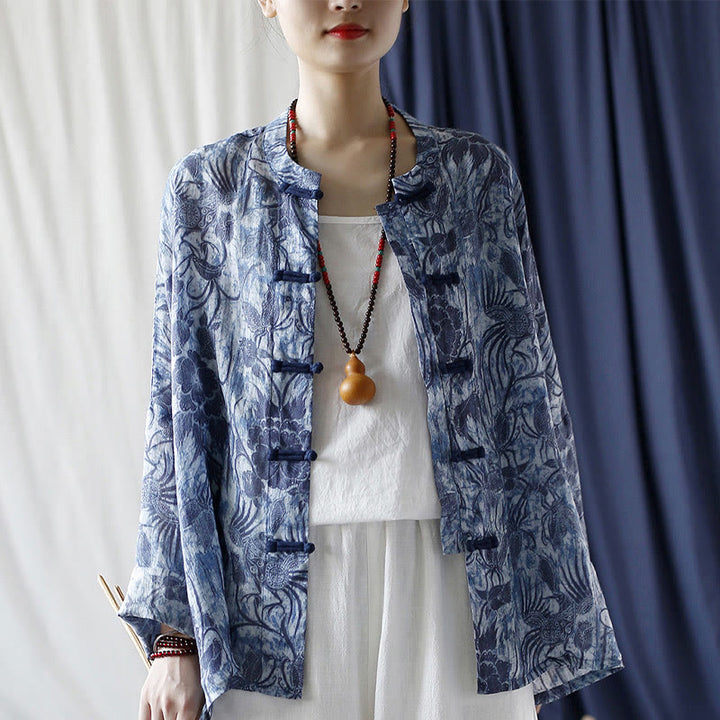 Buddha Stones Retro Blue White Flowers Frog-Button Design Long Sleeve Ramie Linen Jacket Shirt