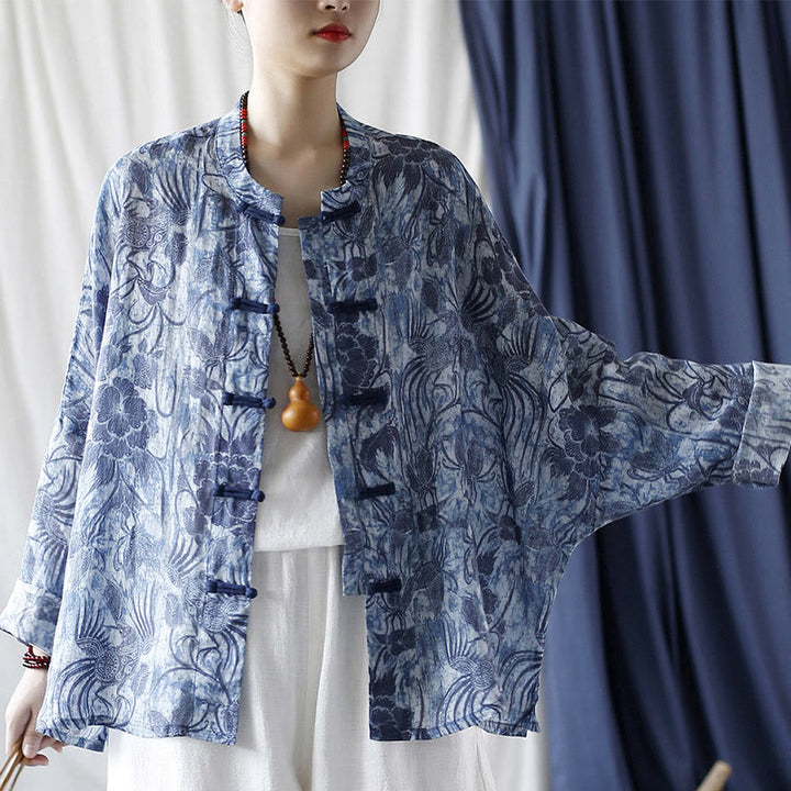 Buddha Stones Retro Blue White Flowers Frog-Button Design Long Sleeve Ramie Linen Jacket Shirt - image 1
