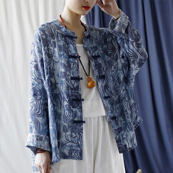 Buddha Stones Retro Blue White Flowers Frog-Button Design Long Sleeve Ramie Linen Jacket Shirt - image 21