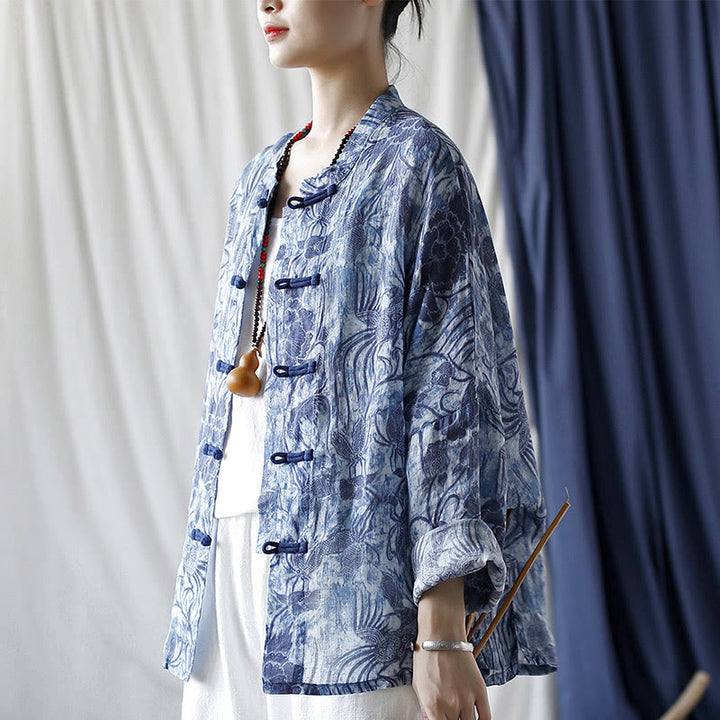 Buddha Stones Retro Blue White Flowers Frog-Button Design Long Sleeve Ramie Linen Jacket Shirt