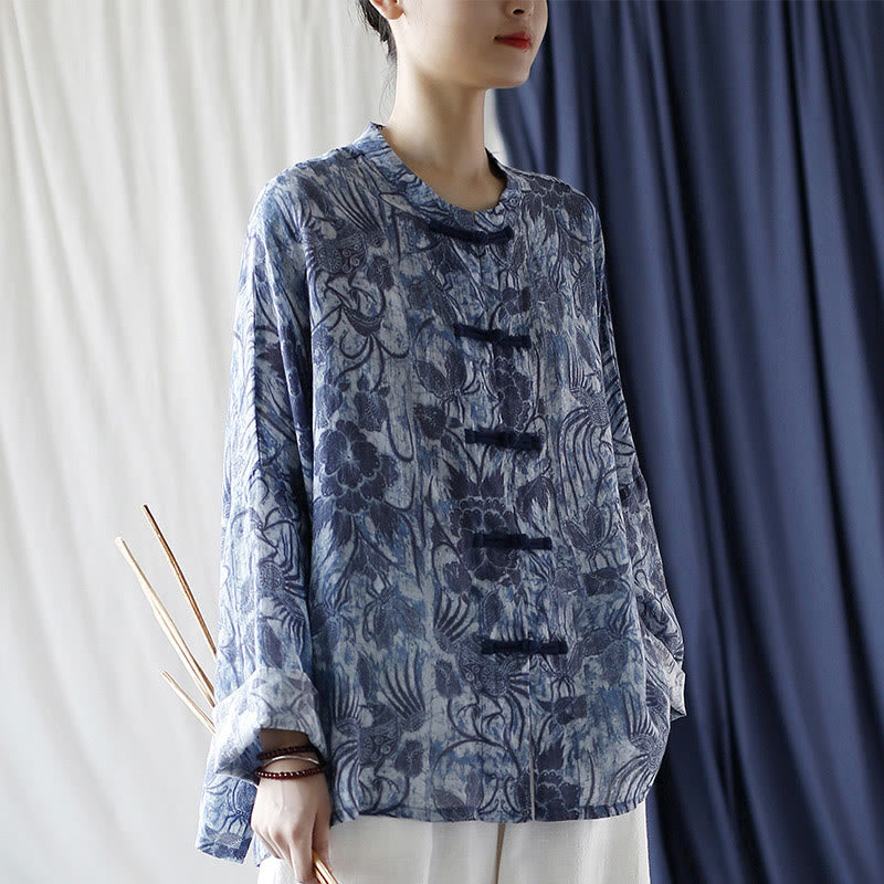 Buddha Stones Retro Blue White Flowers Frog-Button Design Long Sleeve Ramie Linen Jacket Shirt - image 6