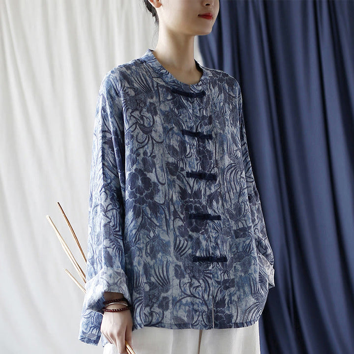 Buddha Stones Retro Blue White Flowers Frog-Button Design Long Sleeve Ramie Linen Jacket Shirt - image 6