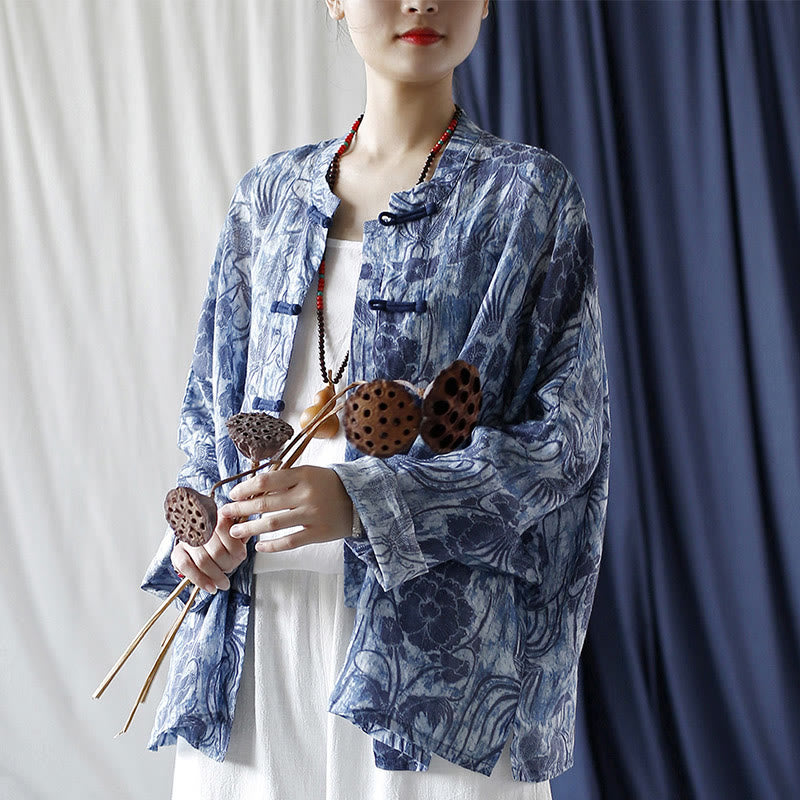 Buddha Stones Retro Blue White Flowers Frog-Button Design Long Sleeve Ramie Linen Jacket Shirt