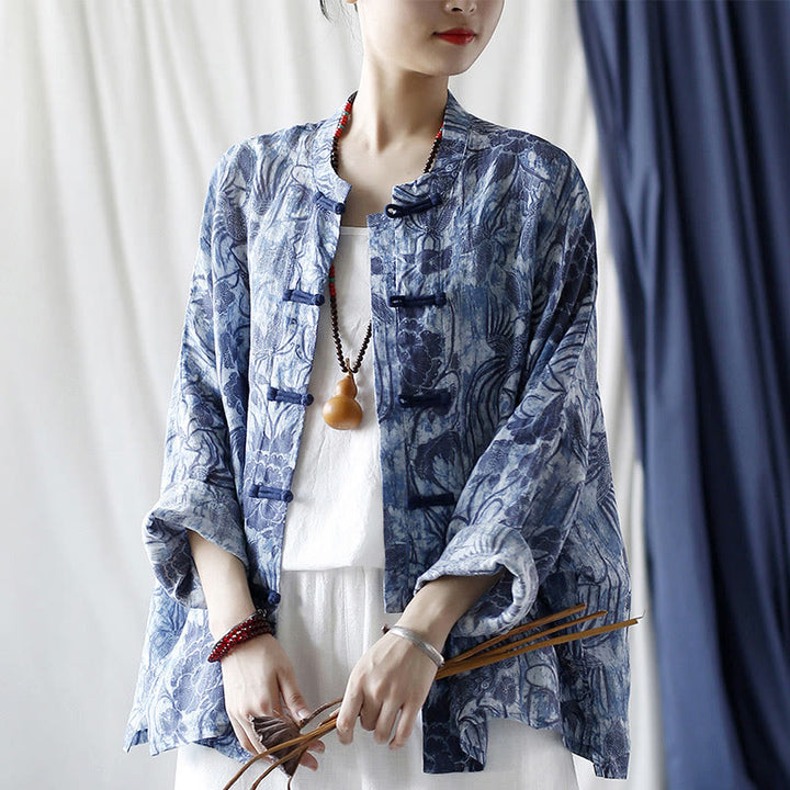 Buddha Stones Retro Blue White Flowers Frog-Button Design Long Sleeve Ramie Linen Jacket Shirt