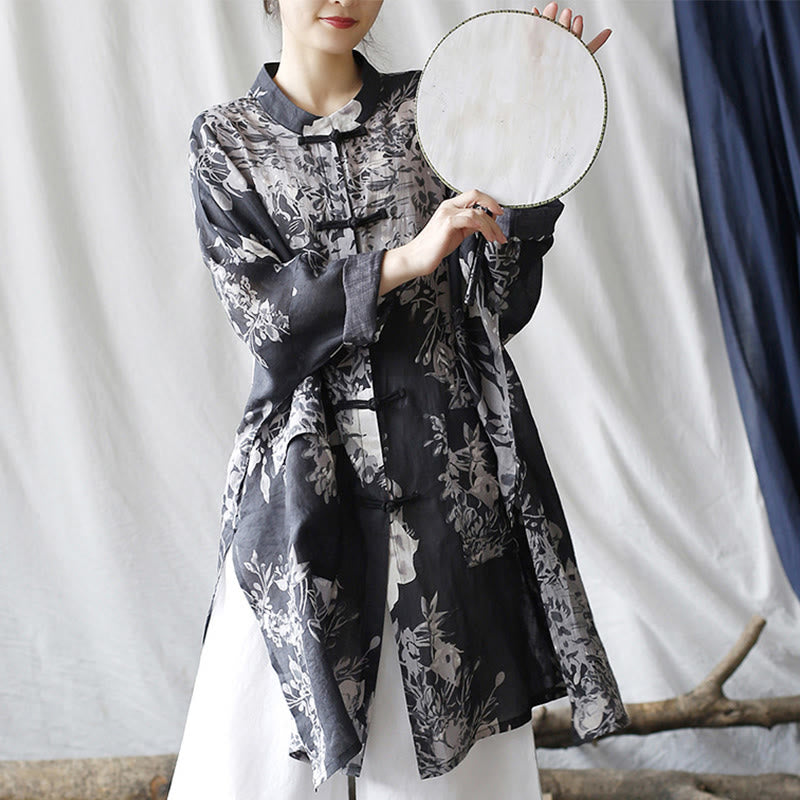 Buddha Stones Blue White Flowers Frog-Button Long Sleeve Ramie Linen Jacket Shirt With Pockets - image 8