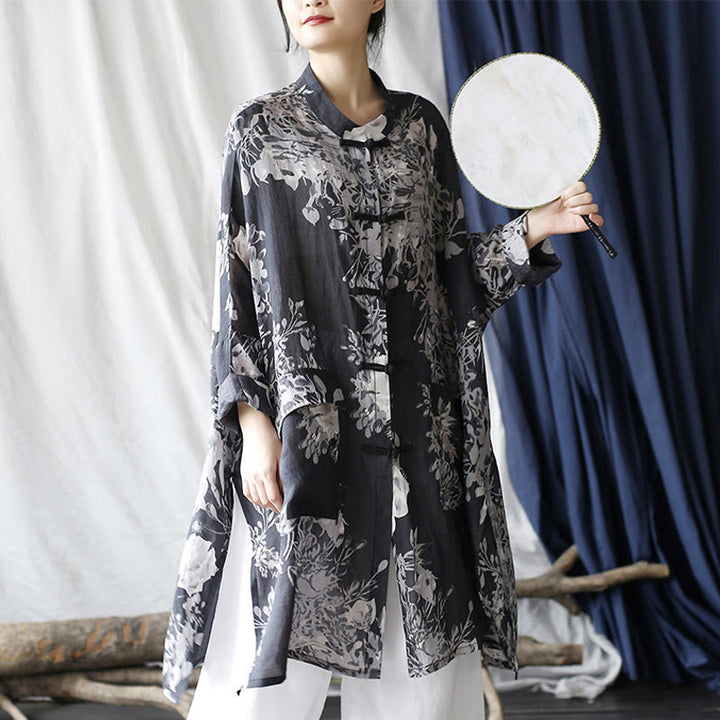 Buddha Stones Blue White Flowers Frog-Button Long Sleeve Ramie Linen Jacket Shirt With Pockets - image 10
