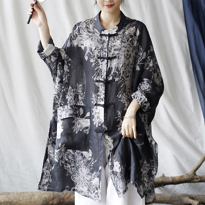 Buddha Stones Blue White Flowers Frog-Button Long Sleeve Ramie Linen Jacket Shirt With Pockets - US4-16，UK/AU8-20，EU36-48 (F)(Jacket Only) - image 0
