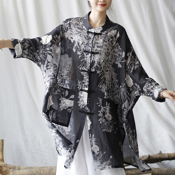 Buddha Stones Blue White Flowers Frog-Button Long Sleeve Ramie Linen Jacket Shirt With Pockets