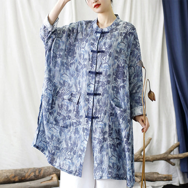 Buddha Stones Blue Flowers Butterfly Frog-Button Long Sleeve Ramie Linen Jacket Shirt With Pockets