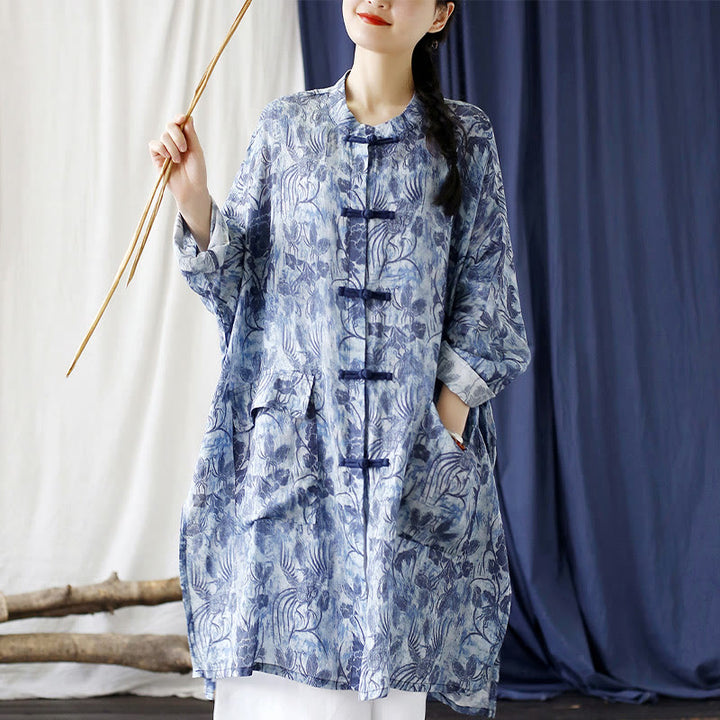 Buddha Stones Blue Flowers Butterfly Frog-Button Long Sleeve Ramie Linen Jacket Shirt With Pockets