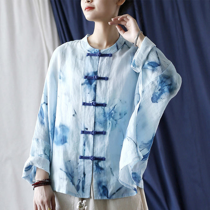 Buddha Stones Tie Dye Blue Flowers Frog-Button Design Long Sleeve Ramie Linen Jacket Shirt