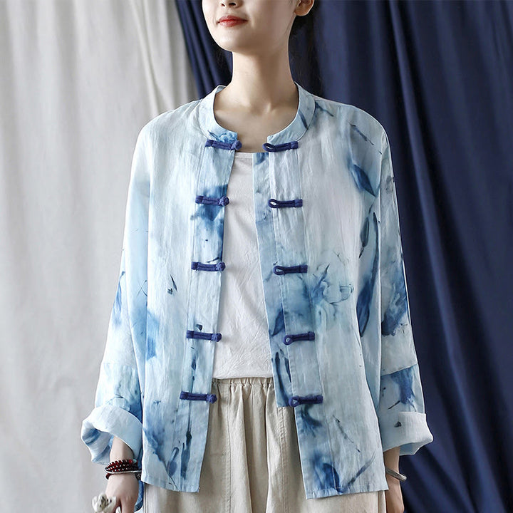 Buddha Stones Tie Dye Blue Flowers Frog-Button Design Long Sleeve Ramie Linen Jacket Shirt