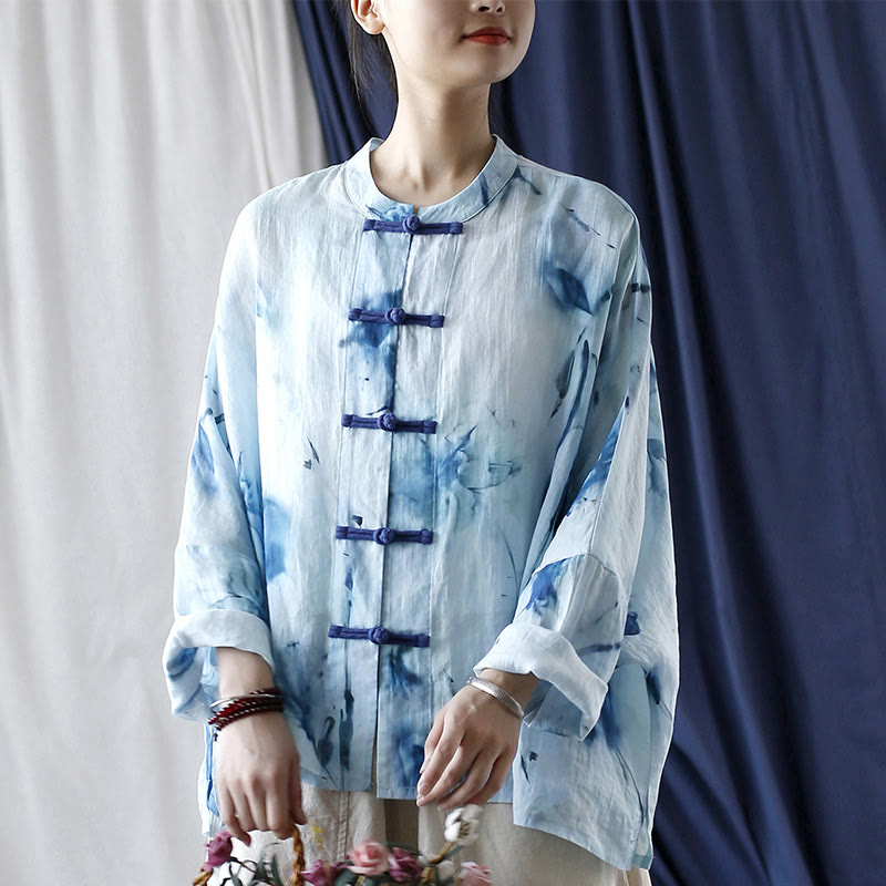 Buddha Stones Tie Dye Blue Flowers Frog-Button Design Long Sleeve Ramie Linen Jacket Shirt - image 10