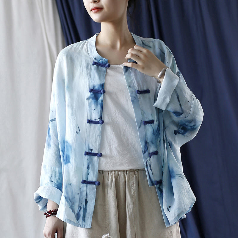 Buddha Stones Tie Dye Blue Flowers Frog-Button Design Long Sleeve Ramie Linen Jacket Shirt