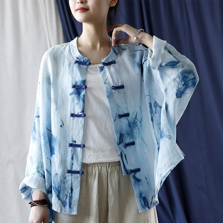 Buddha Stones Tie Dye Blue Flowers Frog-Button Design Long Sleeve Ramie Linen Jacket Shirt