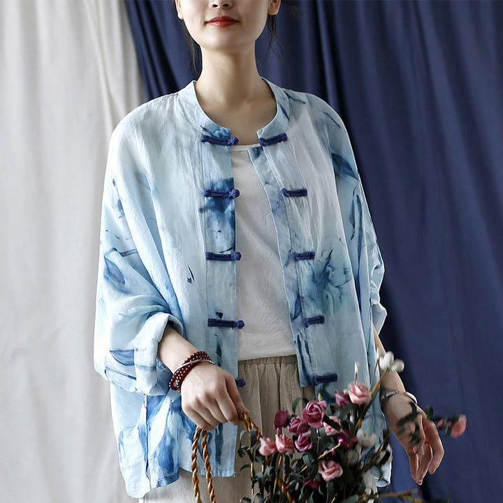 Buddha Stones Tie Dye Blue Flowers Frog-Button Design Long Sleeve Ramie Linen Jacket Shirt