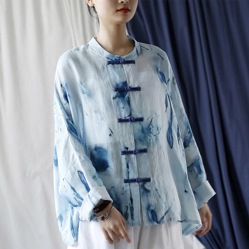 Buddha Stones Tie Dye Blue Flowers Frog-Button Design Long Sleeve Ramie Linen Jacket Shirt - image 23